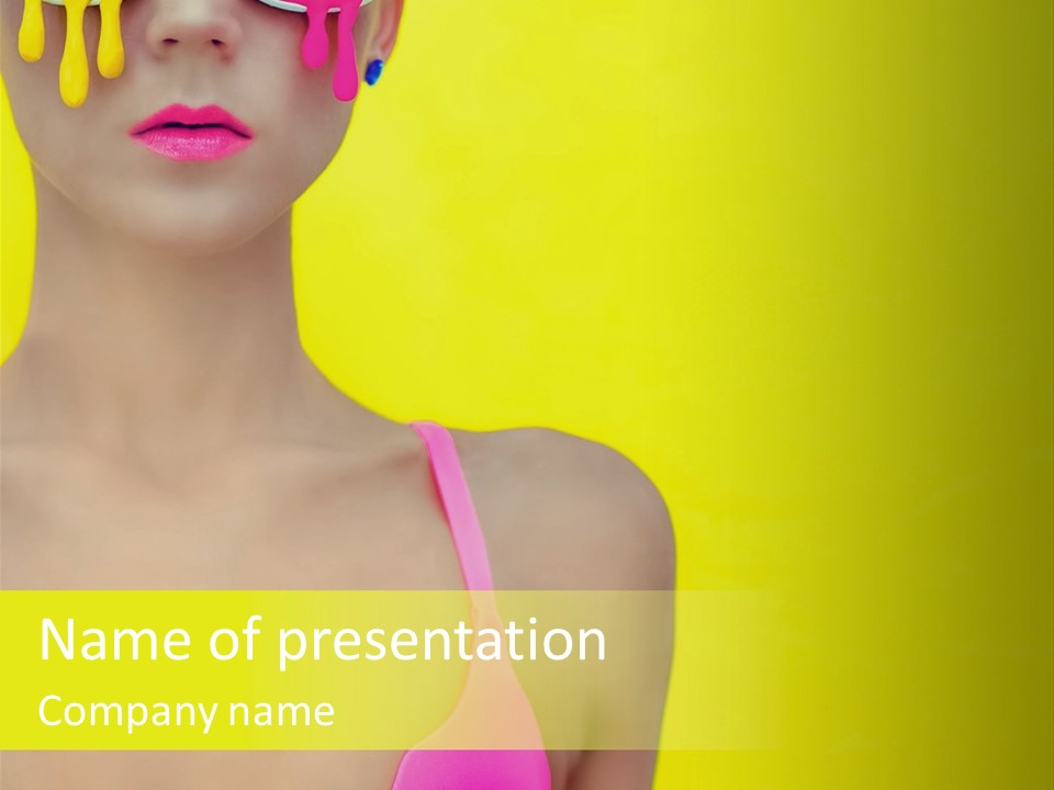 A Woman In A Pink Bikini With Yellow And Pink Paint On Her Face PowerPoint Template