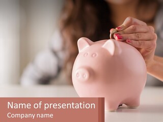 A Woman Putting A Coin Into A Pink Piggy Bank PowerPoint Template
