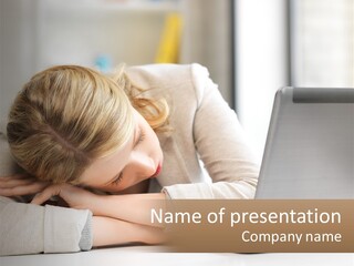 A Woman Leaning Her Head On Her Laptop PowerPoint Template
