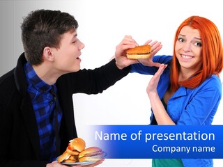 A Man Is Feeding A Woman A Hamburger PowerPoint Template