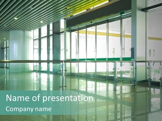 A Large Room With Glass Walls And A Metal Railing PowerPoint Template