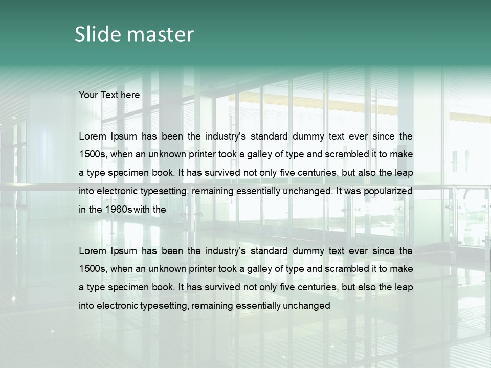 A Large Room With Glass Walls And A Metal Railing PowerPoint Template
