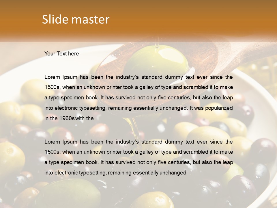 A Wooden Spoon Pouring Olives Into A Bowl Of Olives PowerPoint Template