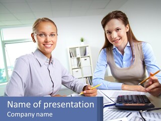 Two Women Sitting At A Desk With A Calculator And Pen PowerPoint Template
