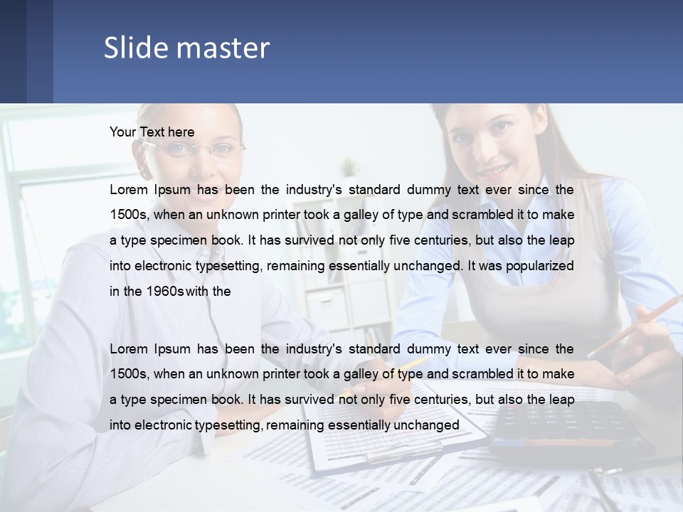 Two Women Sitting At A Desk With A Calculator And Pen PowerPoint Template