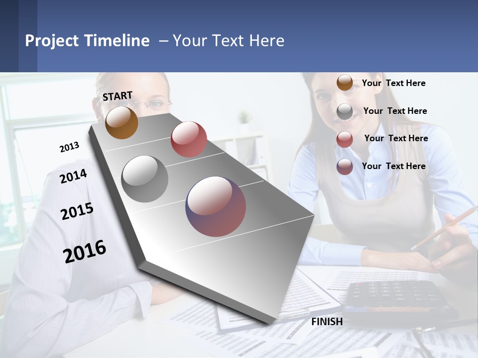 Two Women Sitting At A Desk With A Calculator And Pen PowerPoint Template
