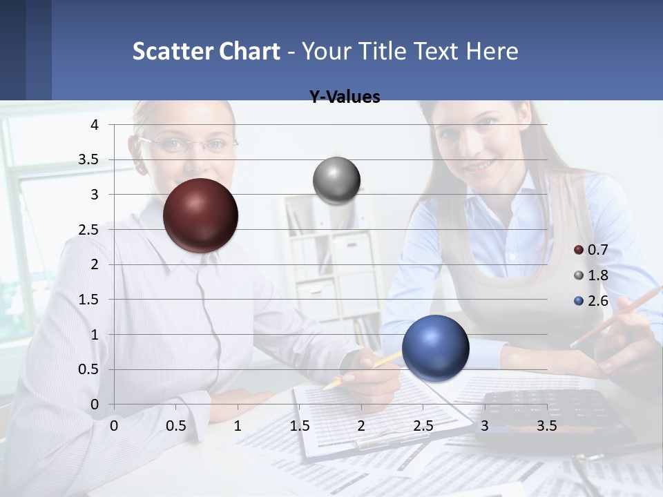 Two Women Sitting At A Desk With A Calculator And Pen PowerPoint Template