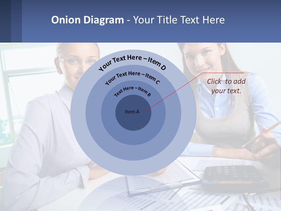 Two Women Sitting At A Desk With A Calculator And Pen PowerPoint Template