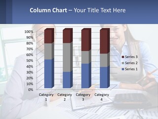 Two Women Sitting At A Desk With A Calculator And Pen PowerPoint Template