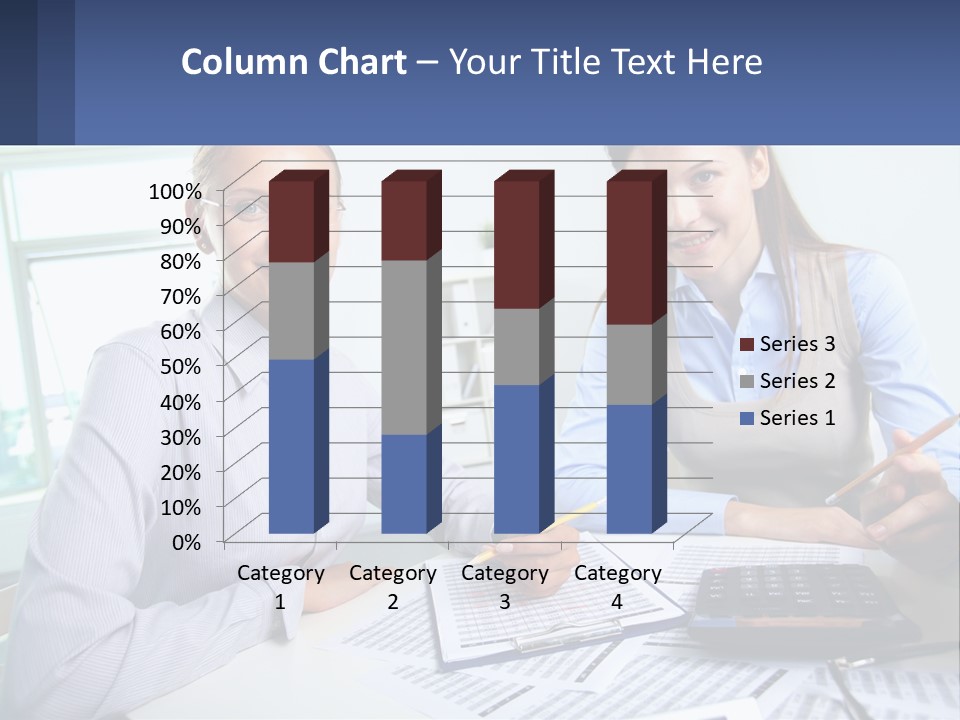 Two Women Sitting At A Desk With A Calculator And Pen PowerPoint Template