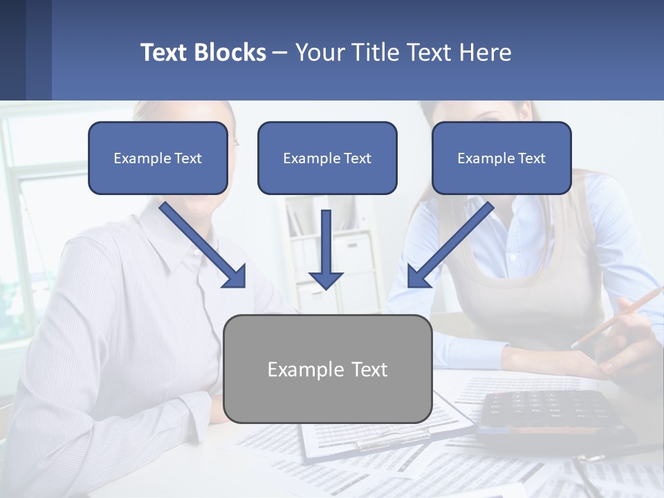 Two Women Sitting At A Desk With A Calculator And Pen PowerPoint Template