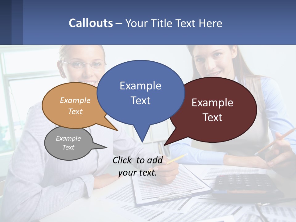 Two Women Sitting At A Desk With A Calculator And Pen PowerPoint Template