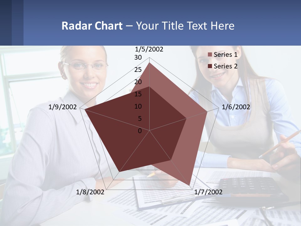 Two Women Sitting At A Desk With A Calculator And Pen PowerPoint Template