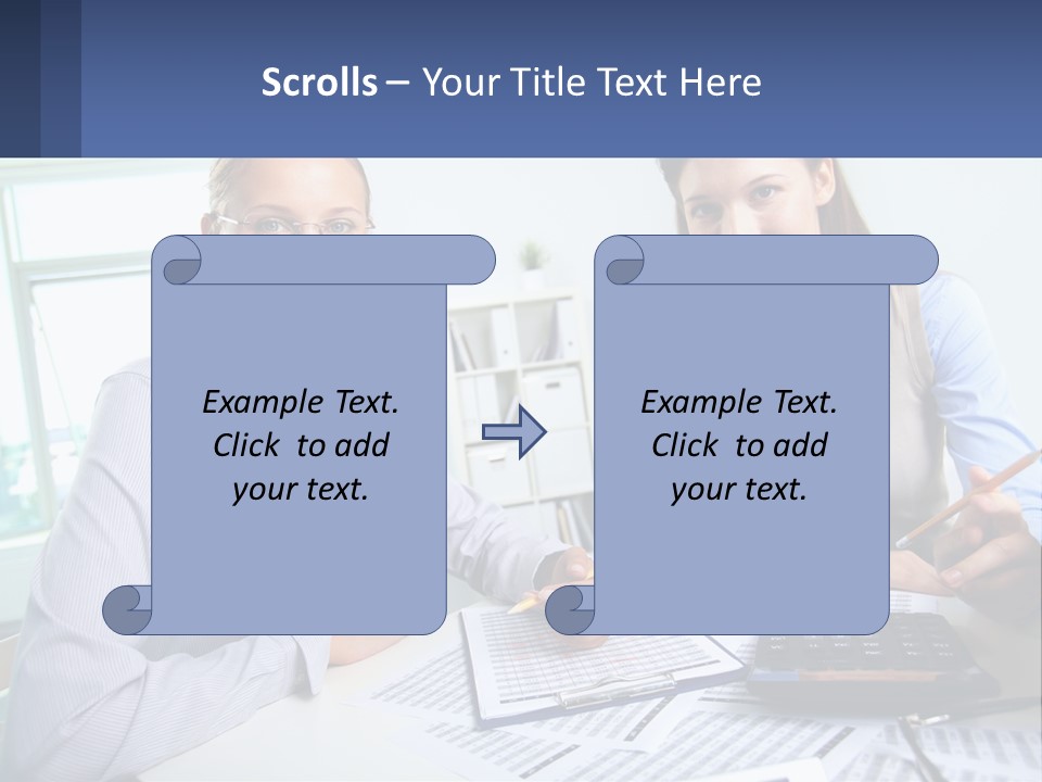 Two Women Sitting At A Desk With A Calculator And Pen PowerPoint Template