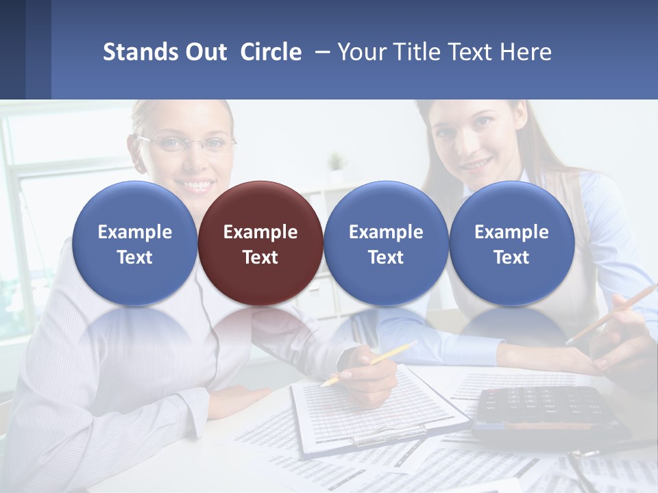 Two Women Sitting At A Desk With A Calculator And Pen PowerPoint Template