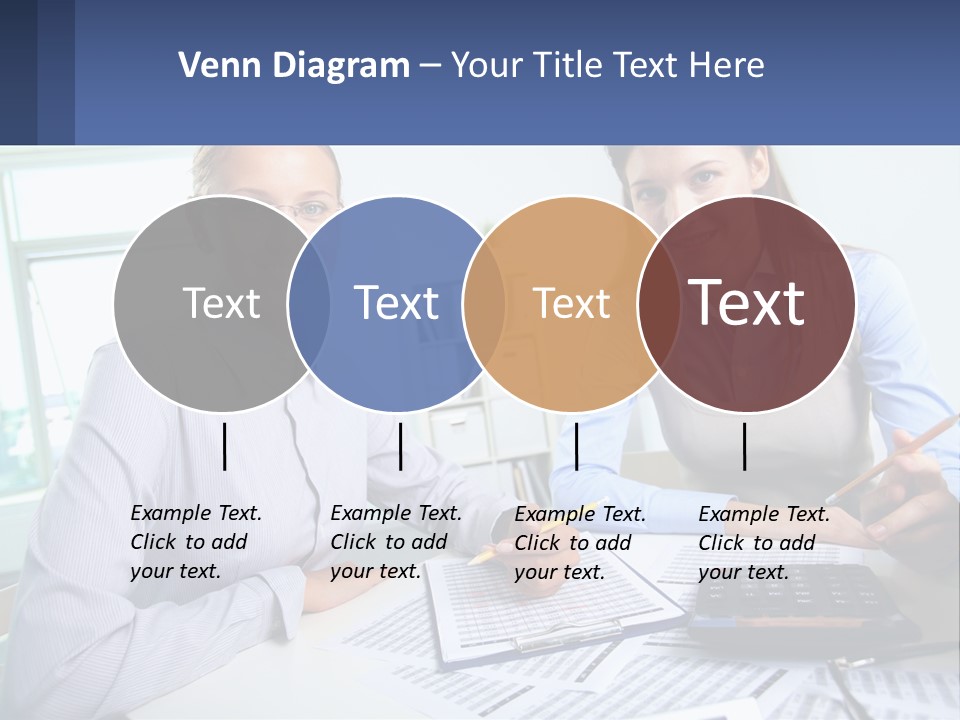 Two Women Sitting At A Desk With A Calculator And Pen PowerPoint Template