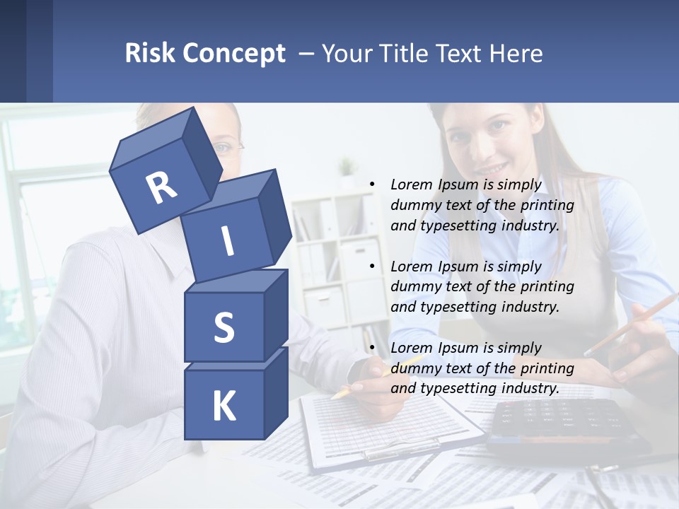 Two Women Sitting At A Desk With A Calculator And Pen PowerPoint Template