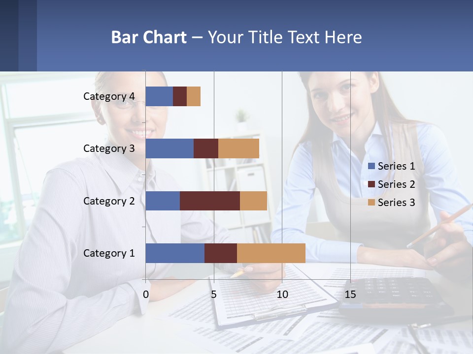 Two Women Sitting At A Desk With A Calculator And Pen PowerPoint Template