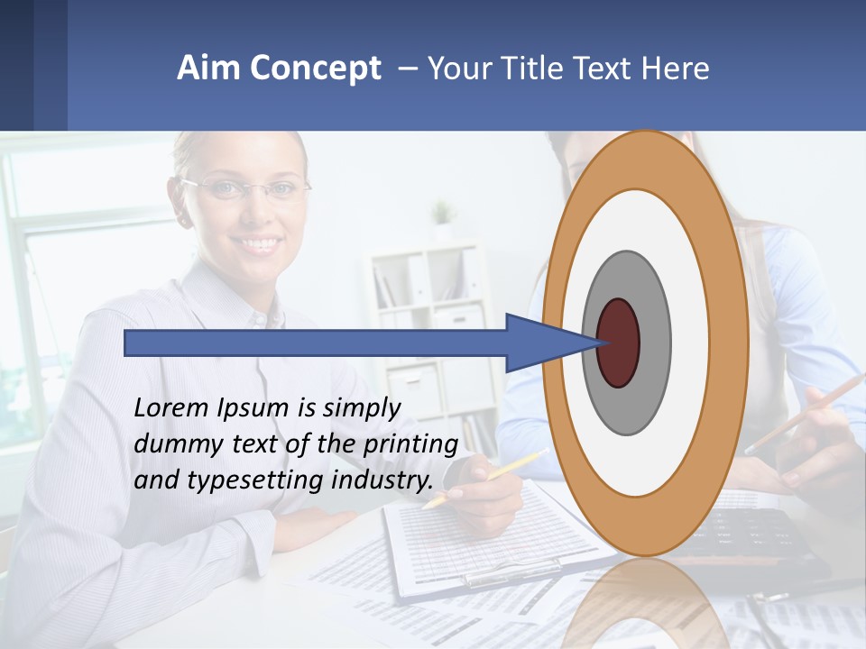Two Women Sitting At A Desk With A Calculator And Pen PowerPoint Template