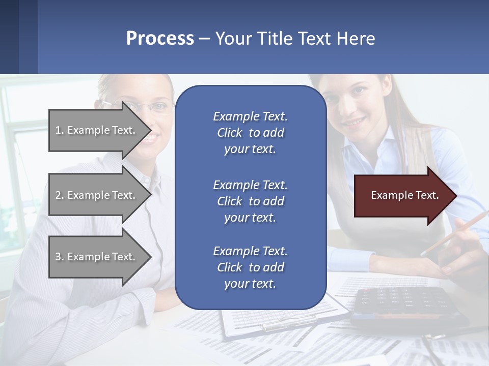 Two Women Sitting At A Desk With A Calculator And Pen PowerPoint Template