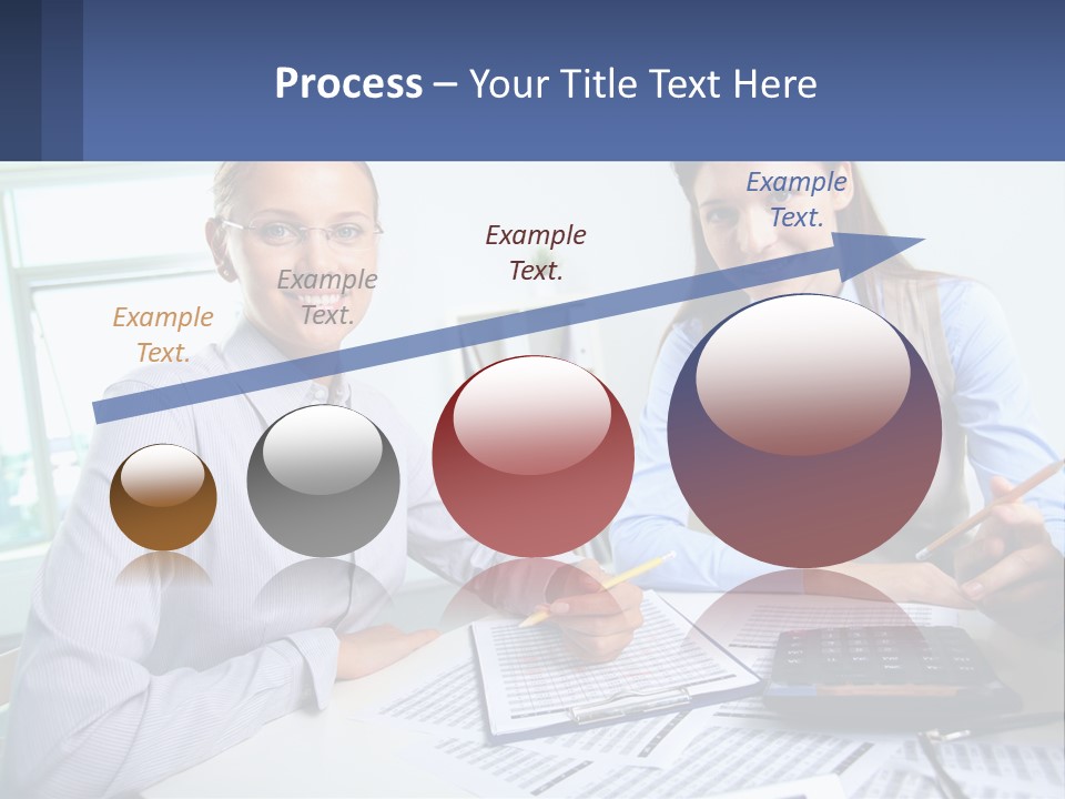 Two Women Sitting At A Desk With A Calculator And Pen PowerPoint Template
