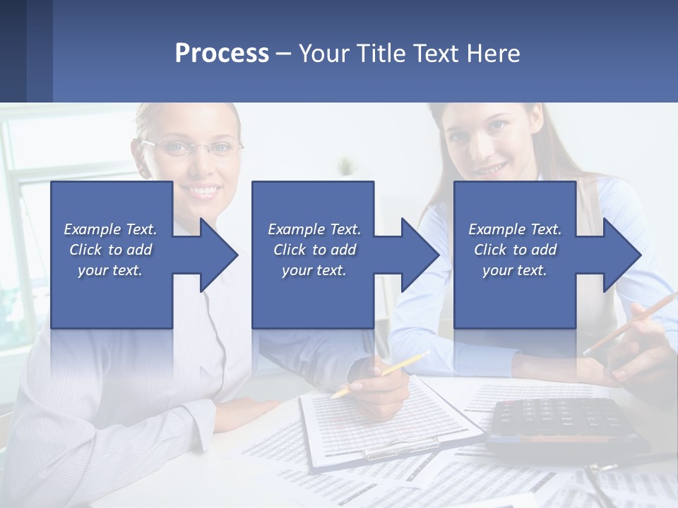 Two Women Sitting At A Desk With A Calculator And Pen PowerPoint Template