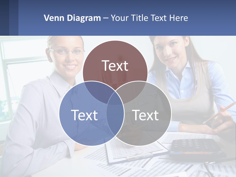 Two Women Sitting At A Desk With A Calculator And Pen PowerPoint Template