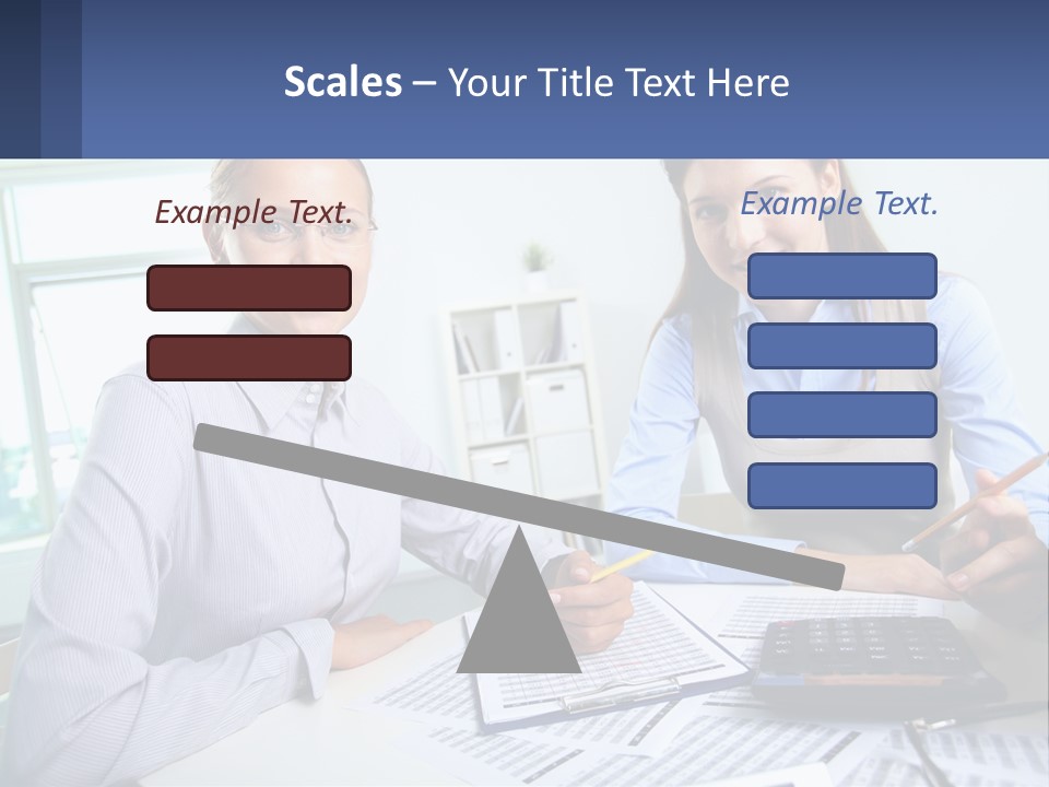 Two Women Sitting At A Desk With A Calculator And Pen PowerPoint Template