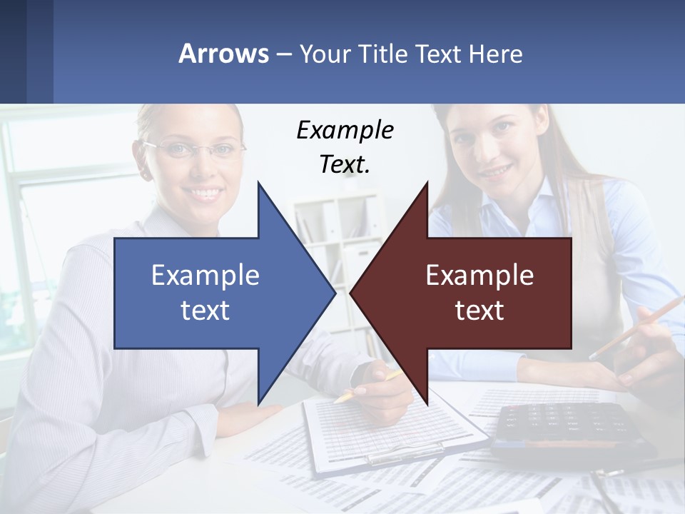 Two Women Sitting At A Desk With A Calculator And Pen PowerPoint Template