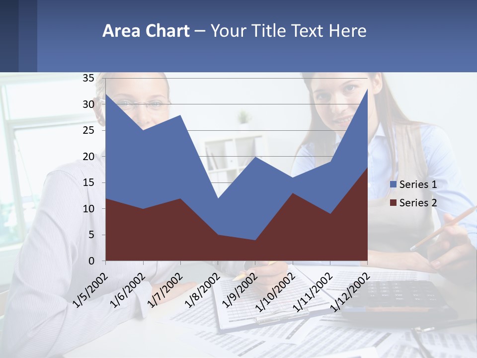 Two Women Sitting At A Desk With A Calculator And Pen PowerPoint Template