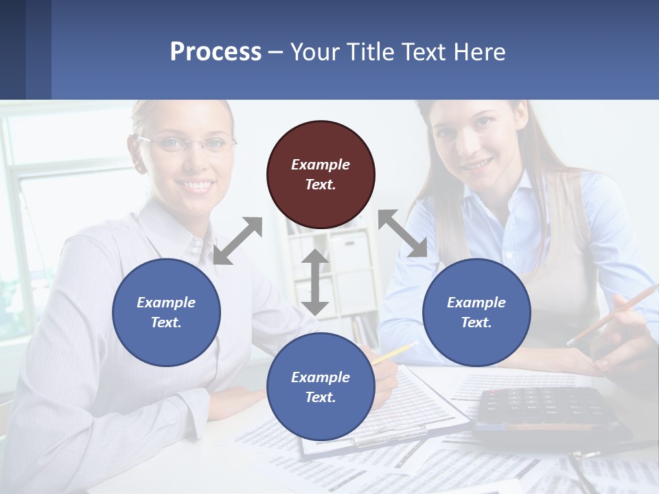 Two Women Sitting At A Desk With A Calculator And Pen PowerPoint Template