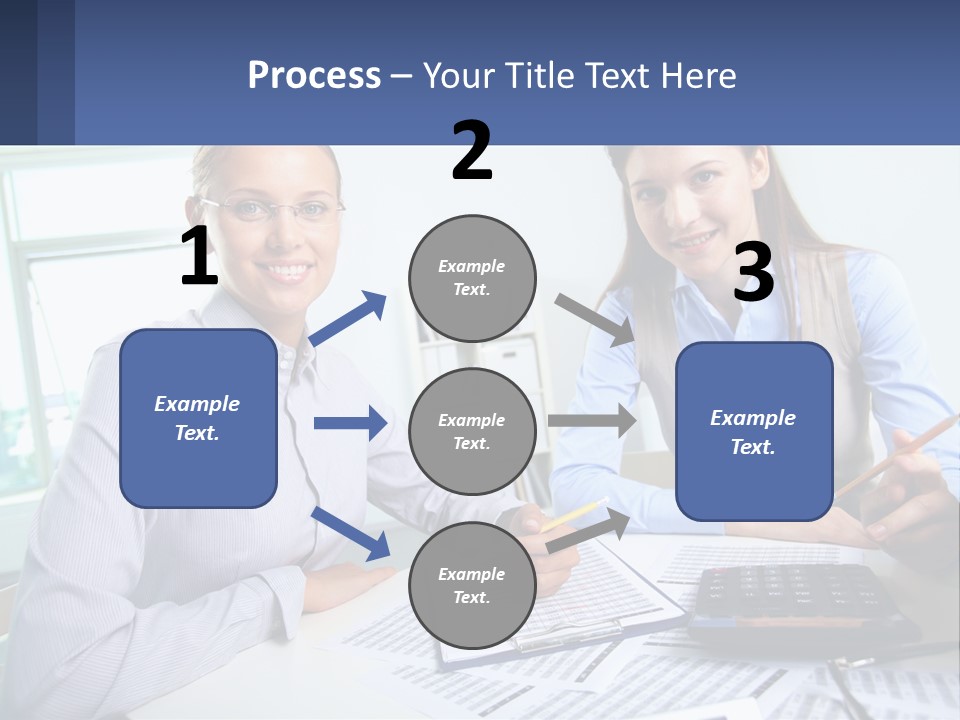 Two Women Sitting At A Desk With A Calculator And Pen PowerPoint Template
