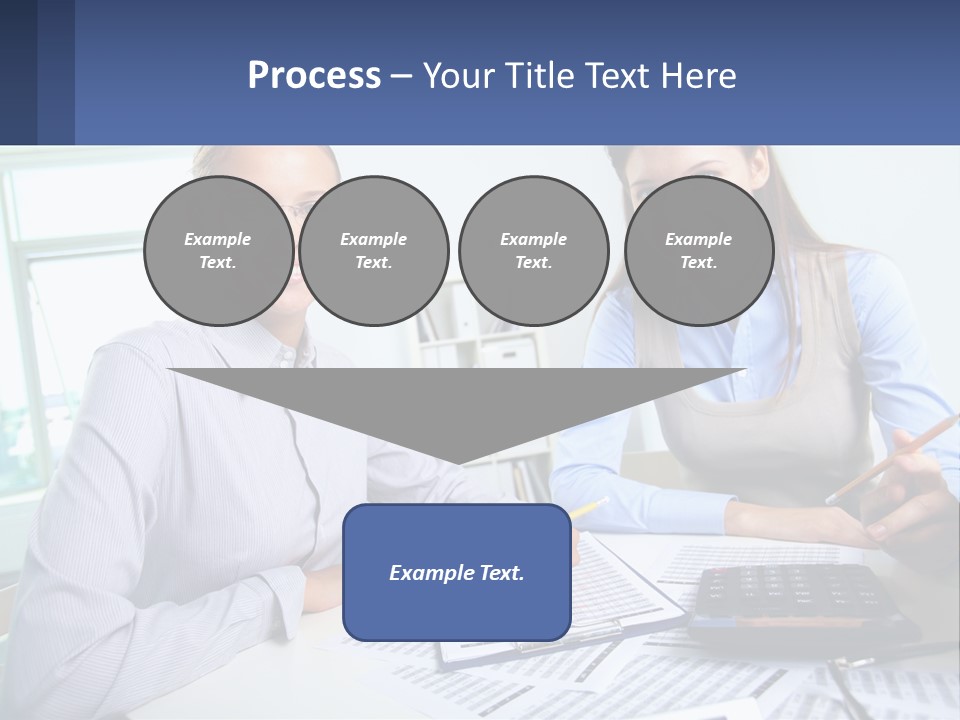 Two Women Sitting At A Desk With A Calculator And Pen PowerPoint Template