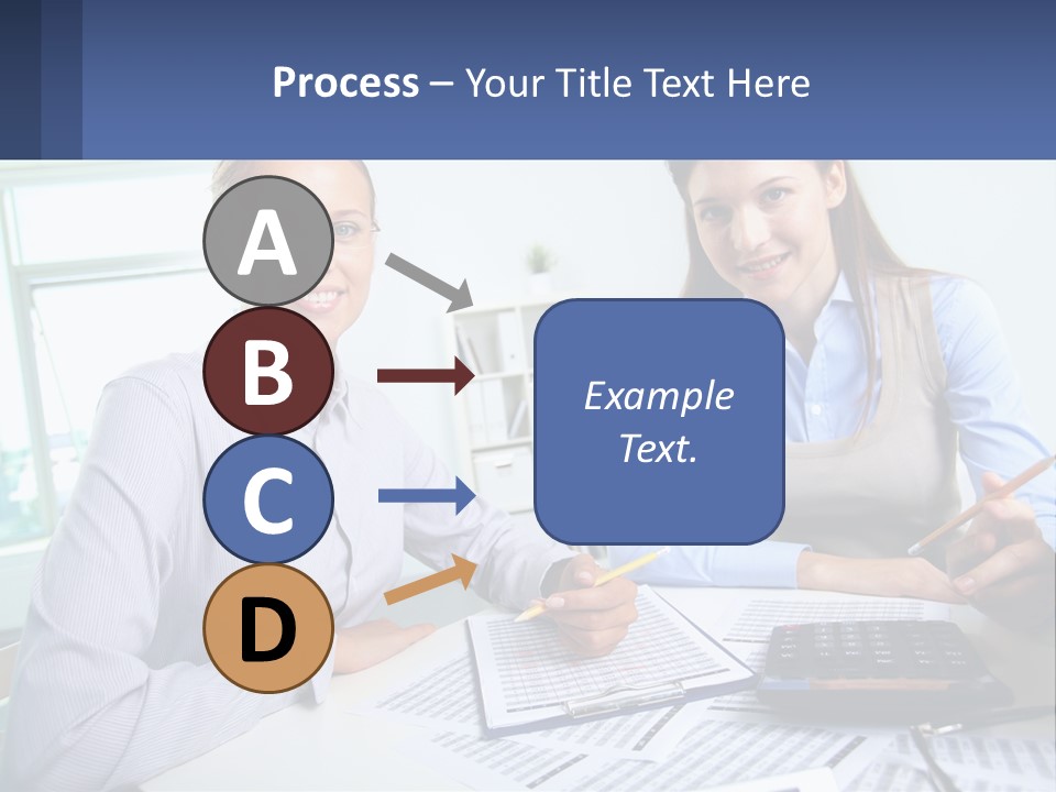 Two Women Sitting At A Desk With A Calculator And Pen PowerPoint Template