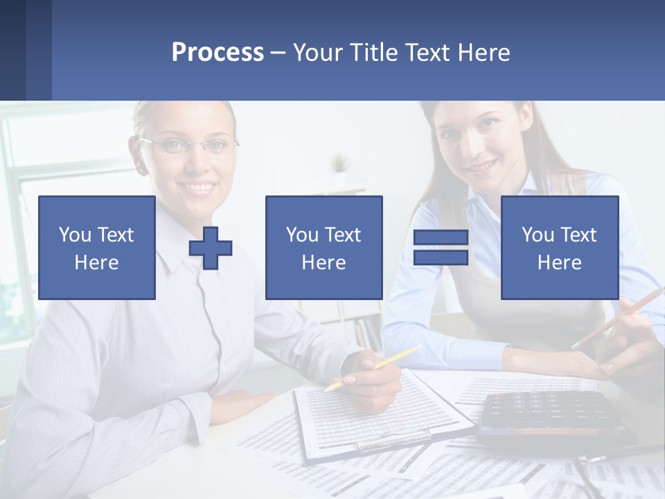 Two Women Sitting At A Desk With A Calculator And Pen PowerPoint Template