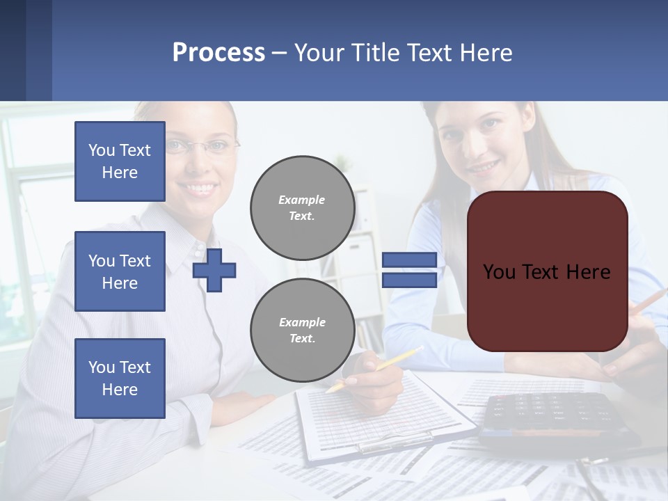 Two Women Sitting At A Desk With A Calculator And Pen PowerPoint Template