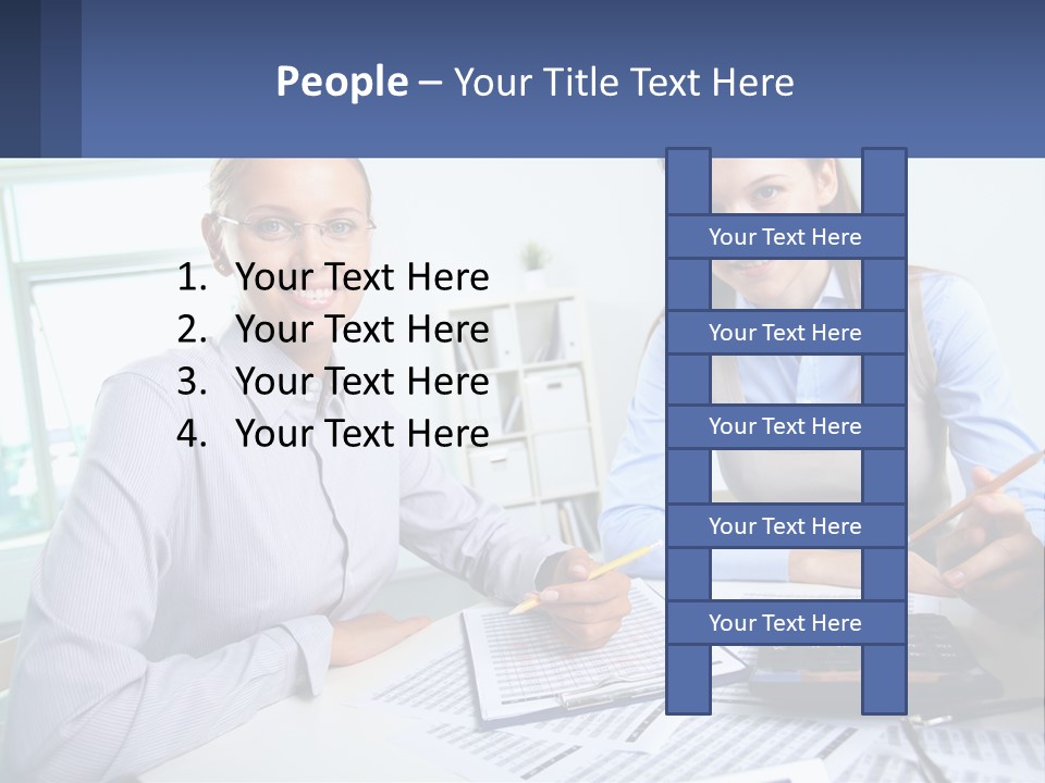 Two Women Sitting At A Desk With A Calculator And Pen PowerPoint Template