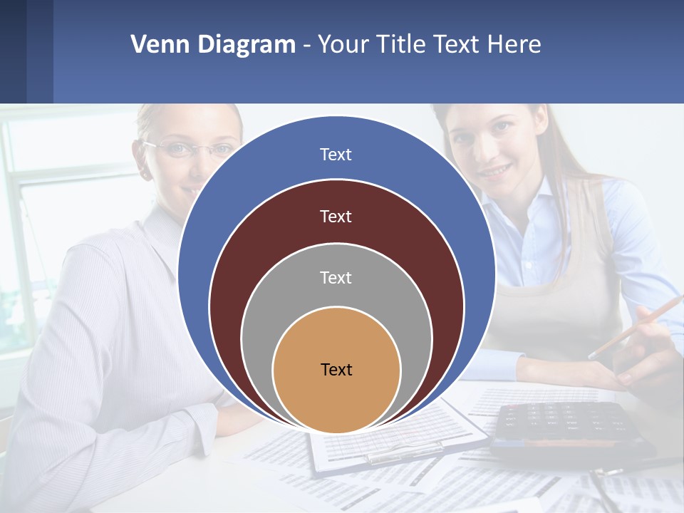 Two Women Sitting At A Desk With A Calculator And Pen PowerPoint Template