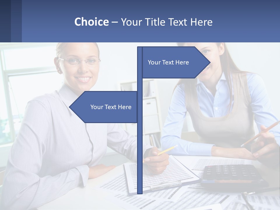 Two Women Sitting At A Desk With A Calculator And Pen PowerPoint Template