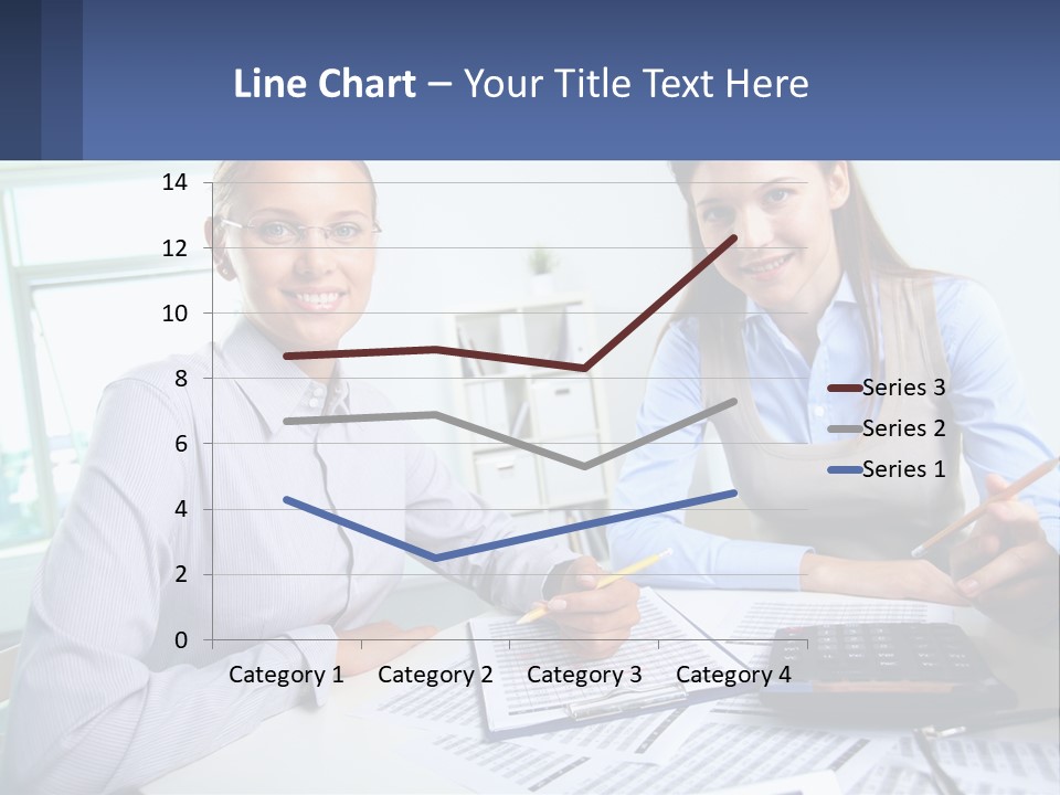 Two Women Sitting At A Desk With A Calculator And Pen PowerPoint Template