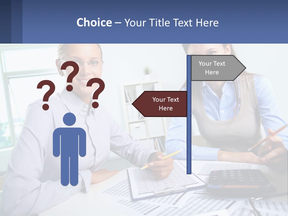 Two Women Sitting At A Desk With A Calculator And Pen PowerPoint Template
