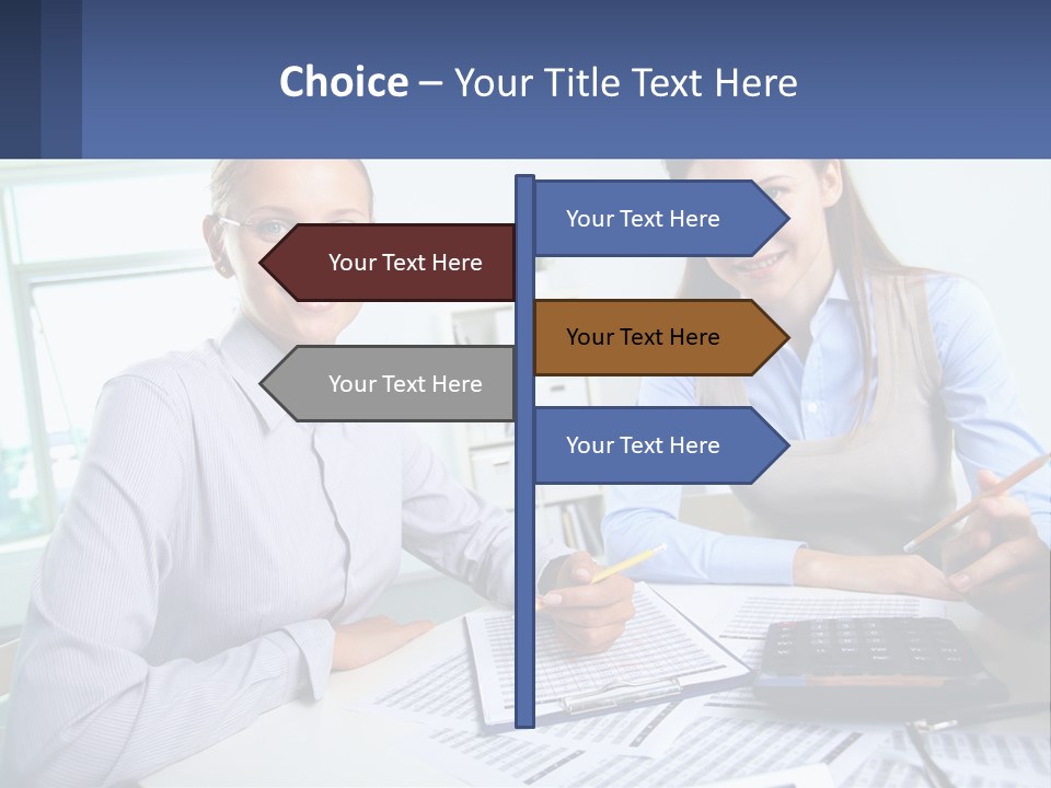 Two Women Sitting At A Desk With A Calculator And Pen PowerPoint Template