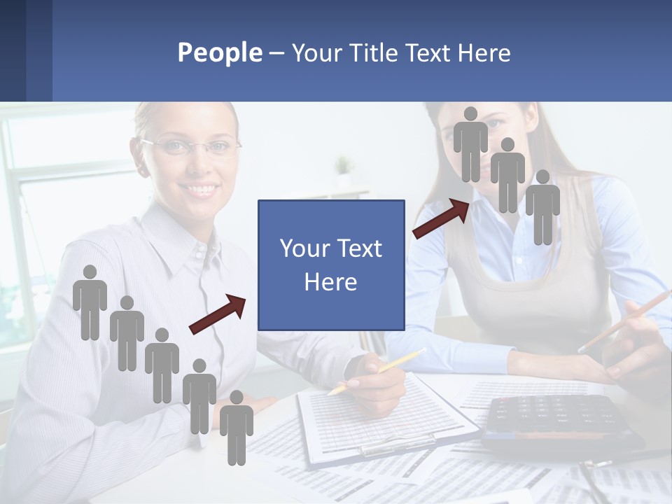 Two Women Sitting At A Desk With A Calculator And Pen PowerPoint Template