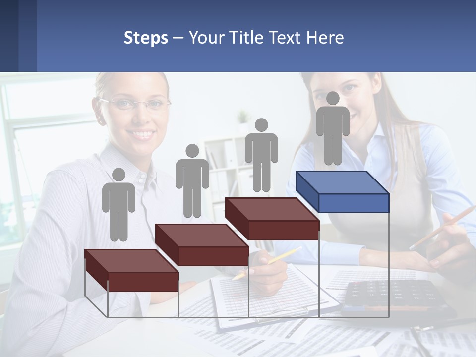 Two Women Sitting At A Desk With A Calculator And Pen PowerPoint Template
