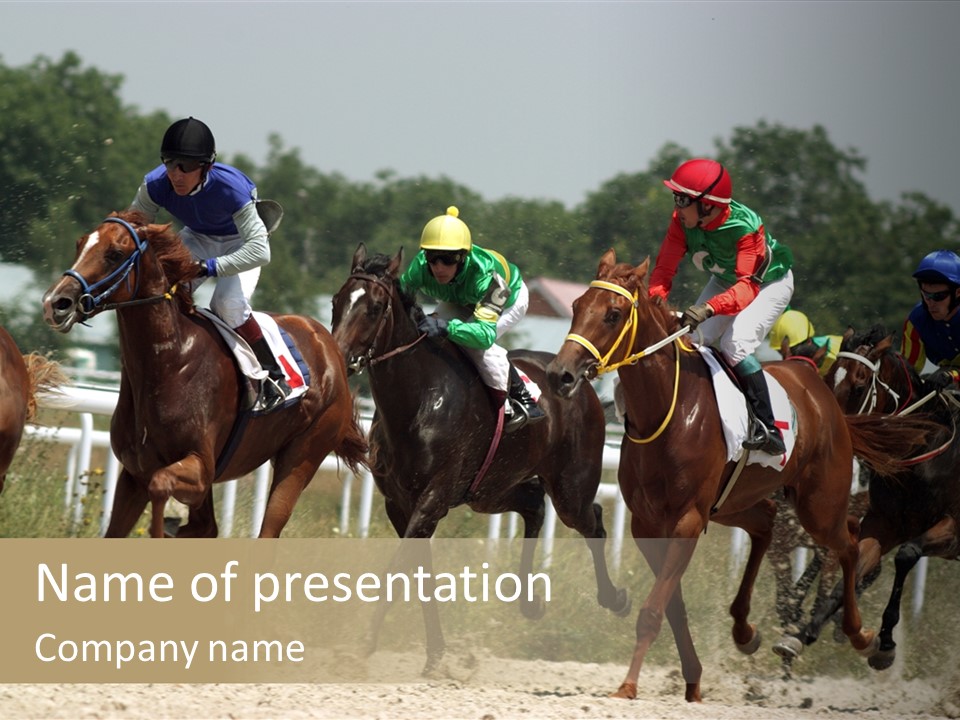 A Group Of Jockeys Racing Horses Around A Track PowerPoint Template
