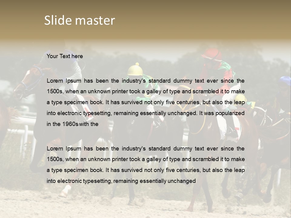 A Group Of Jockeys Racing Horses Around A Track PowerPoint Template