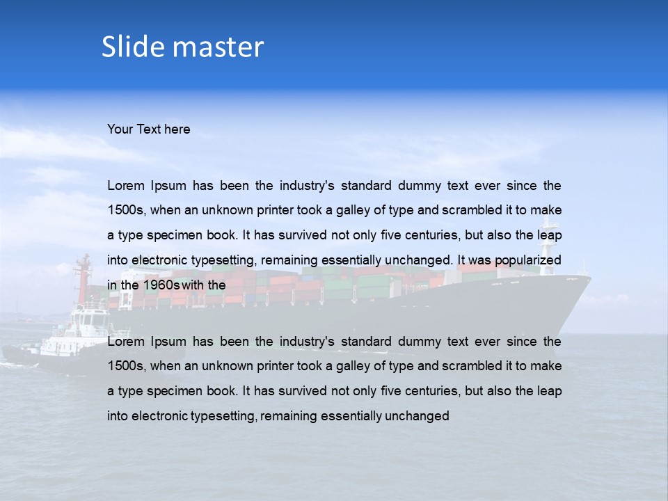 A Large Cargo Ship In The Ocean With A Tug Boat In Front Of It PowerPoint Template