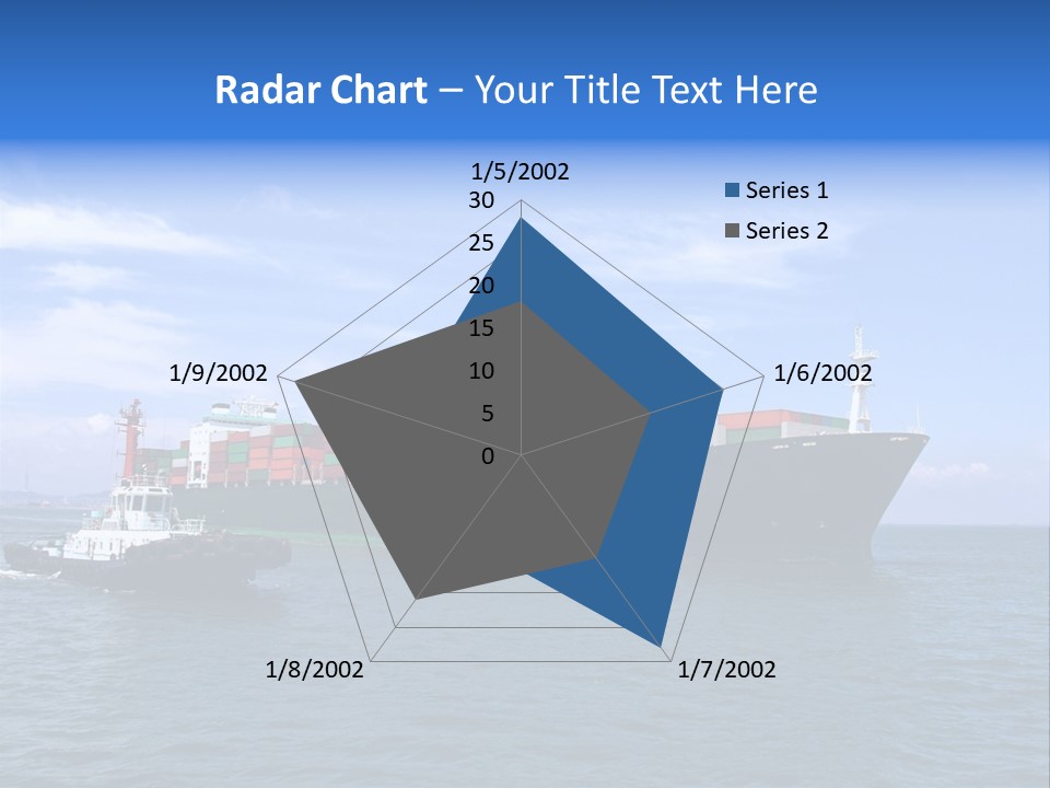 A Large Cargo Ship In The Ocean With A Tug Boat In Front Of It PowerPoint Template