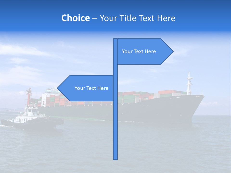 A Large Cargo Ship In The Ocean With A Tug Boat In Front Of It PowerPoint Template