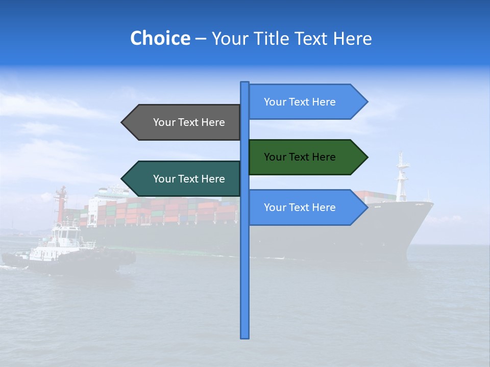 A Large Cargo Ship In The Ocean With A Tug Boat In Front Of It PowerPoint Template